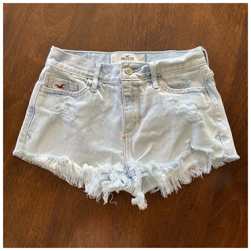 Hollister High Rise Distressed Festival Fray Hem Cut Off Shorts Light Wash Sz 25 - Picture 2 of 12